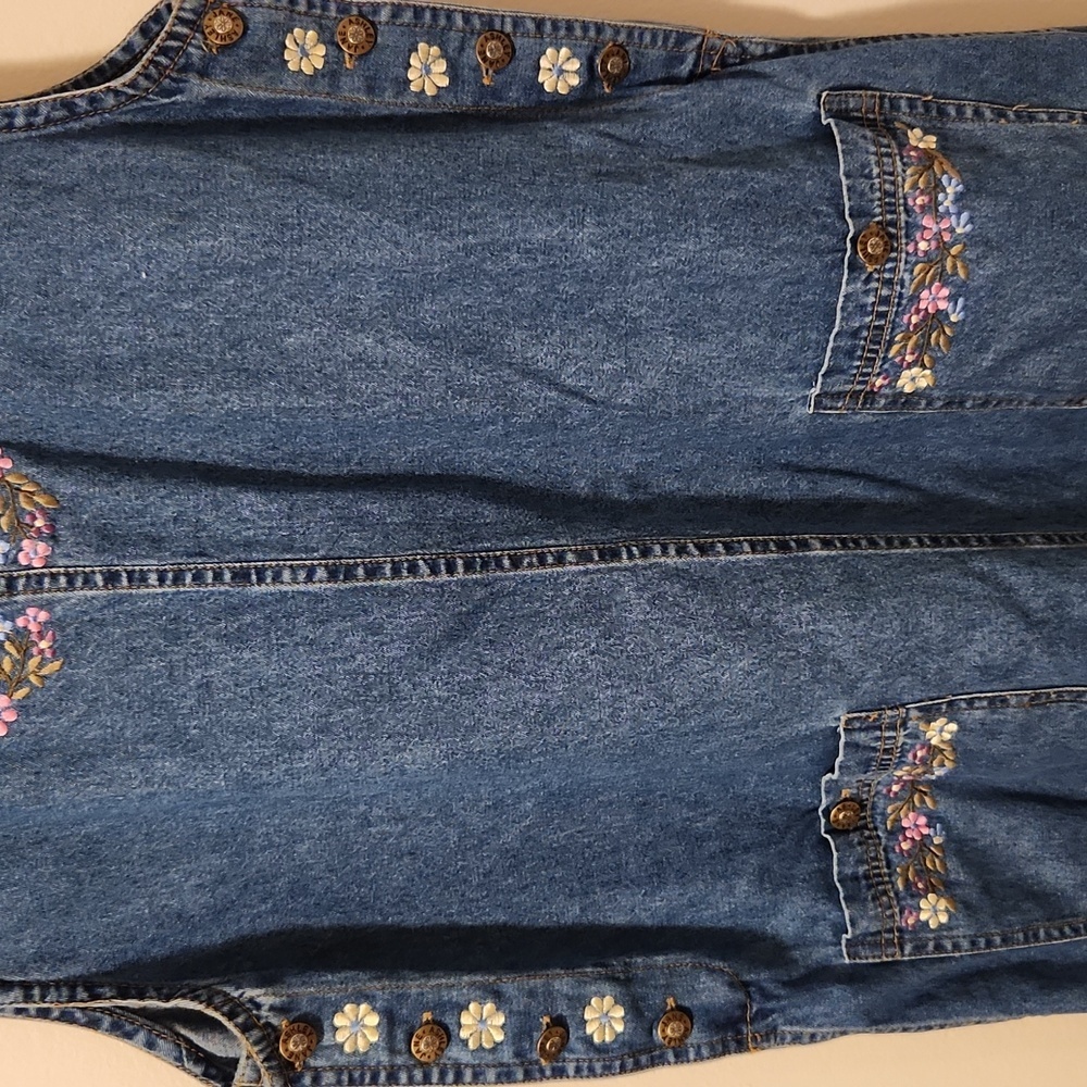 Jane Ashley Womens Vintage Denim Dress M Maxi w Floral Embridered Neck Pockets - Picture 4 of 12